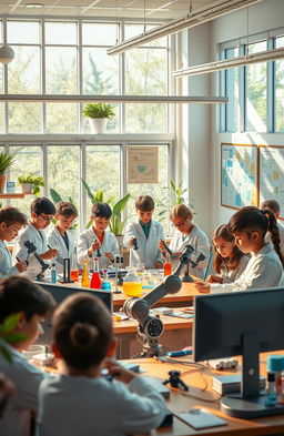 A vibrant and inspiring scene set in a modern school for scientists, featuring a diverse group of students engaged in various scientific activities