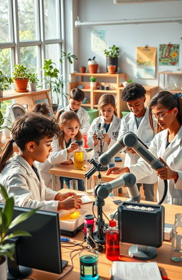 A vibrant and inspiring scene set in a modern school for scientists, featuring a diverse group of students engaged in various scientific activities