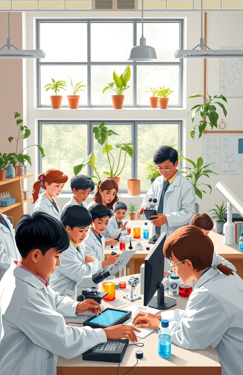 A vibrant and inspiring scene set in a modern school for scientists, featuring a diverse group of students engaged in various scientific activities