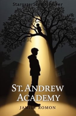 A book cover featuring a silhouette of Rowan standing defiantly under a spotlight, surrounded by a softly lit background that suggests trees and a school building, indicating a setting at St