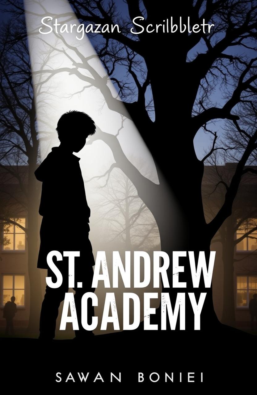 A book cover featuring a silhouette of Rowan standing defiantly under a spotlight, surrounded by a softly lit background that suggests trees and a school building, indicating a setting at St