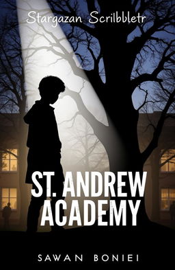 A book cover featuring a silhouette of Rowan standing defiantly under a spotlight, surrounded by a softly lit background that suggests trees and a school building, indicating a setting at St