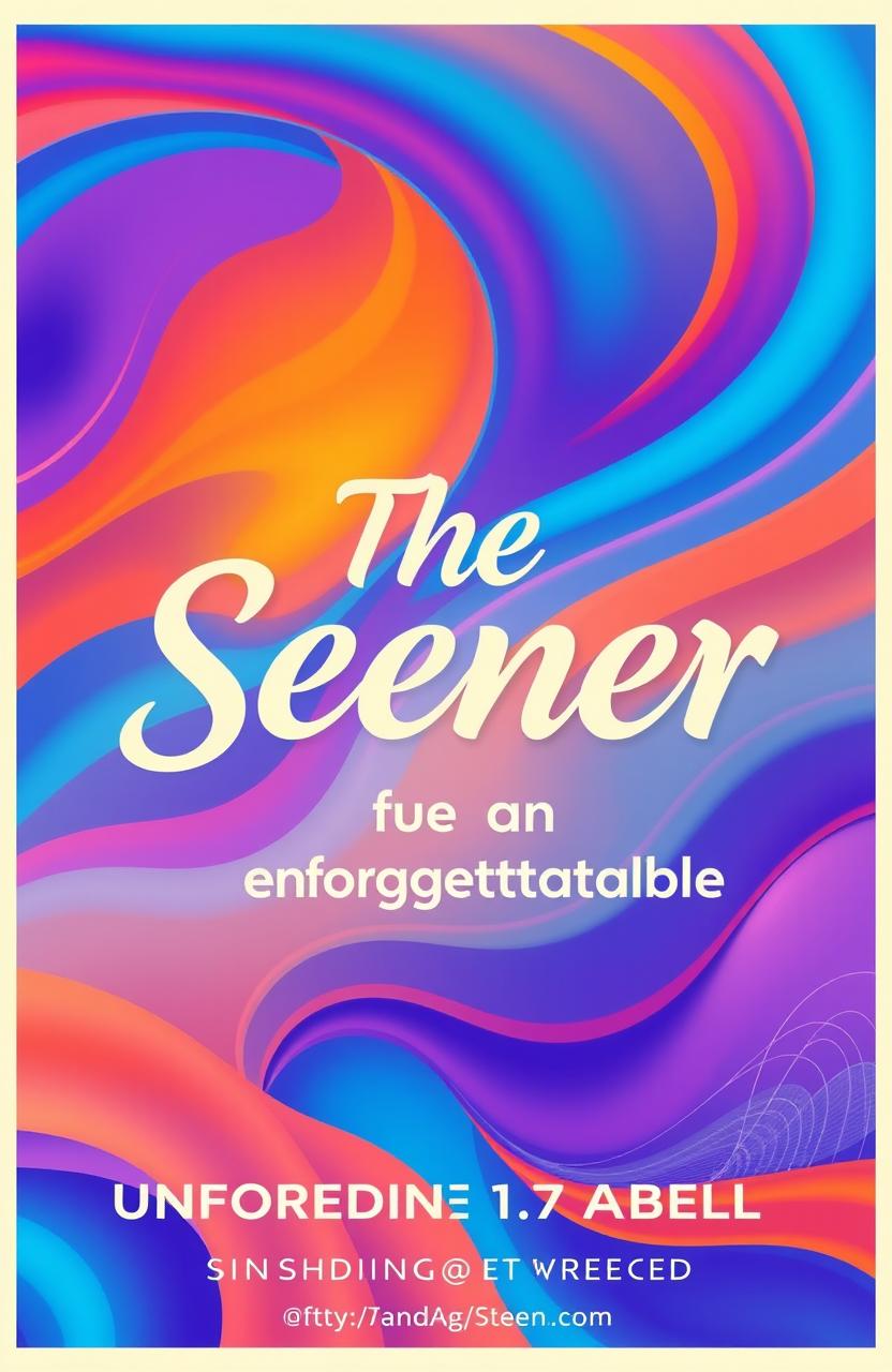 A vibrant and visually appealing poster for an event titled 'The Seener', featuring a striking color scheme of deep blues, radiant oranges, and soft purples blended harmoniously
