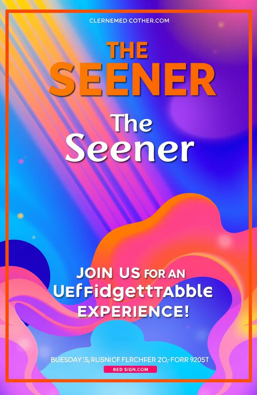 A vibrant and visually appealing poster for an event titled 'The Seener', featuring a striking color scheme of deep blues, radiant oranges, and soft purples blended harmoniously