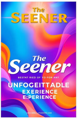 A vibrant and visually appealing poster for an event titled 'The Seener', featuring a striking color scheme of deep blues, radiant oranges, and soft purples blended harmoniously