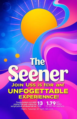 A vibrant and visually appealing poster for an event titled 'The Seener', featuring a striking color scheme of deep blues, radiant oranges, and soft purples blended harmoniously