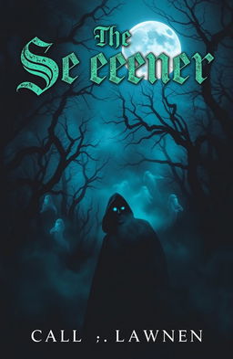 A chilling horror book cover titled 'The Seener', featuring a dark, eerie forest shrouded in mist