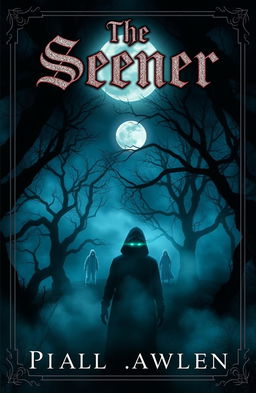 A chilling horror book cover titled 'The Seener', featuring a dark, eerie forest shrouded in mist