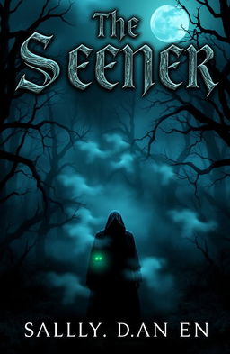 A chilling horror book cover titled 'The Seener', featuring a dark, eerie forest shrouded in mist