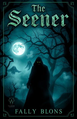 A chilling horror book cover titled 'The Seener', featuring a dark, eerie forest shrouded in mist