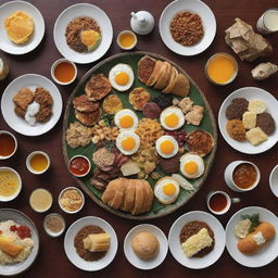 Visualize a lavish and exotic breakfast feast worth around 1 billion Indonesian Rupiah