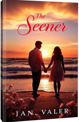 A captivating romance book cover titled "The Seener", featuring a dramatic sunset on a beach with two silhouettes of a couple holding hands, gazing into the horizon