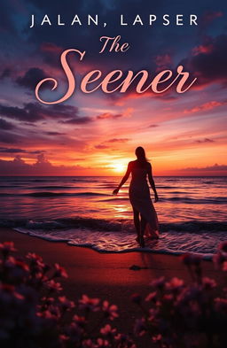 A captivating romance book cover titled "The Seener", featuring a dramatic sunset on a beach with two silhouettes of a couple holding hands, gazing into the horizon