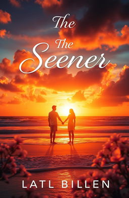 A captivating romance book cover titled "The Seener", featuring a dramatic sunset on a beach with two silhouettes of a couple holding hands, gazing into the horizon