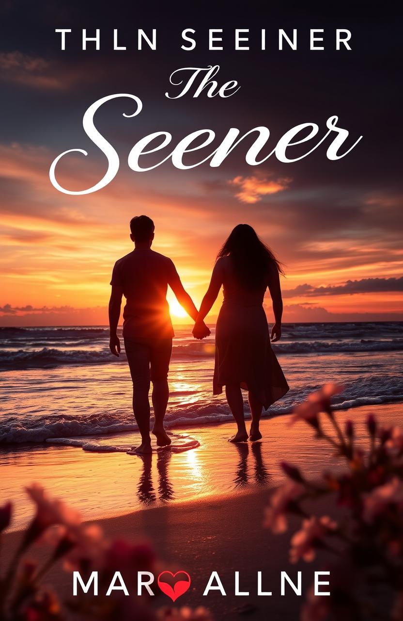 A captivating romance book cover titled "The Seener", featuring a dramatic sunset on a beach with two silhouettes of a couple holding hands, gazing into the horizon