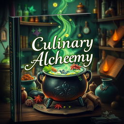 A captivating book cover design for 'Culinary Alchemy by Chef Merlin', featuring a mystical kitchen scene where a cauldron bubbles with vibrant, magical ingredients like glowing herbs, sparkling spices, and enchanted vegetables