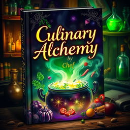 A captivating book cover design for 'Culinary Alchemy by Chef Merlin', featuring a mystical kitchen scene where a cauldron bubbles with vibrant, magical ingredients like glowing herbs, sparkling spices, and enchanted vegetables