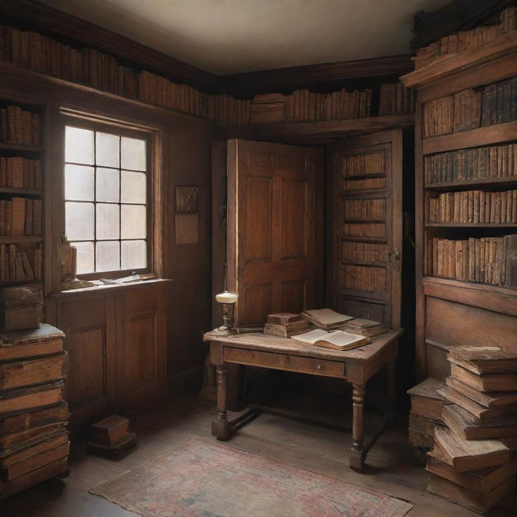 An antique, mysterious room hidden away, featuring a door and a desk. The desk holds a worn book, surrounded by a multitude of ancient books and magical artifacts filling the room.