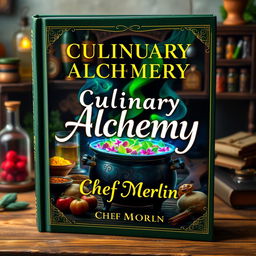 A captivating book cover design for 'Culinary Alchemy by Chef Merlin', featuring a mystical kitchen scene where a cauldron bubbles with vibrant, magical ingredients like glowing herbs, sparkling spices, and enchanted vegetables