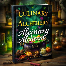 A captivating book cover design for 'Culinary Alchemy by Chef Merlin', featuring a mystical kitchen scene where a cauldron bubbles with vibrant, magical ingredients like glowing herbs, sparkling spices, and enchanted vegetables