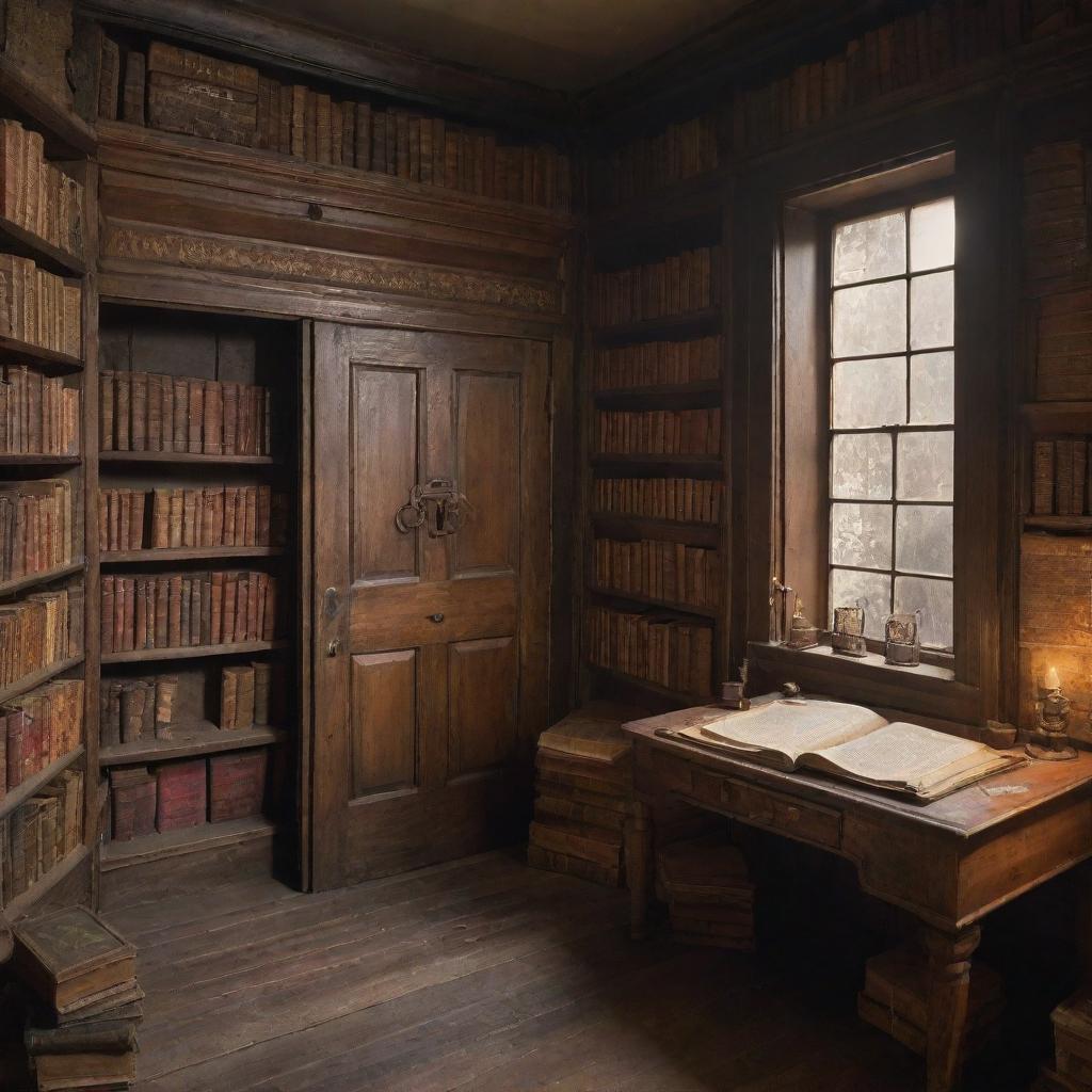 An antique, mysterious room hidden away, featuring a door and a desk. The desk holds a worn book, surrounded by a multitude of ancient books and magical artifacts filling the room.