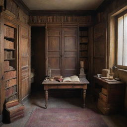 An antique, mysterious room hidden away, featuring a door and a desk. The desk holds a worn book, surrounded by a multitude of ancient books and magical artifacts filling the room.