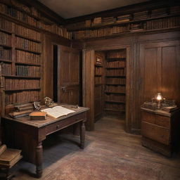 An antique, mysterious room hidden away, featuring a door and a desk. The desk holds a worn book, surrounded by a multitude of ancient books and magical artifacts filling the room.