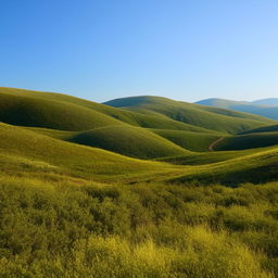 A breathtaking landscape showcasing rolling hills, lush greenery and a serene blue sky.