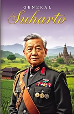 A novel cover depicting General Suharto, the former President of Indonesia, set against a backdrop of a historic Indonesian landscape