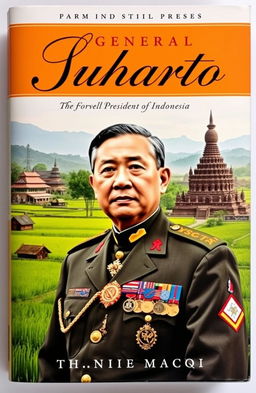 A novel cover depicting General Suharto, the former President of Indonesia, set against a backdrop of a historic Indonesian landscape