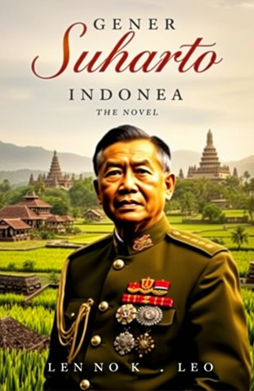 A novel cover depicting General Suharto, the former President of Indonesia, set against a backdrop of a historic Indonesian landscape