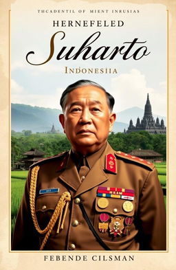 A novel cover depicting General Suharto, the former President of Indonesia, set against a backdrop of a historic Indonesian landscape