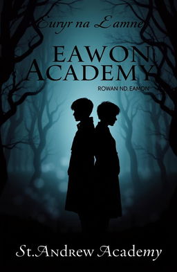 A silhouetted figure of two characters, Rowan and Eamon, standing back-to-back with their heads turned slightly to the side, facing away from the viewer