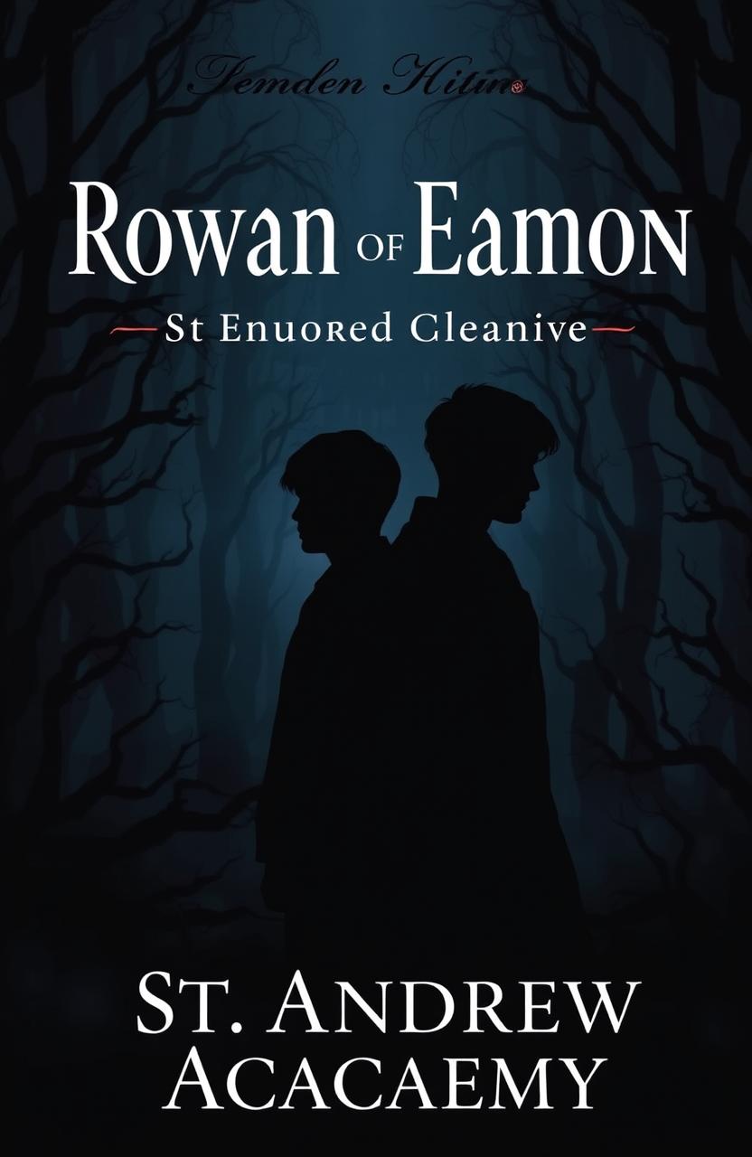 A silhouetted figure of two characters, Rowan and Eamon, standing back-to-back with their heads turned slightly to the side, facing away from the viewer