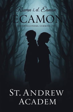 A silhouetted figure of two characters, Rowan and Eamon, standing back-to-back with their heads turned slightly to the side, facing away from the viewer