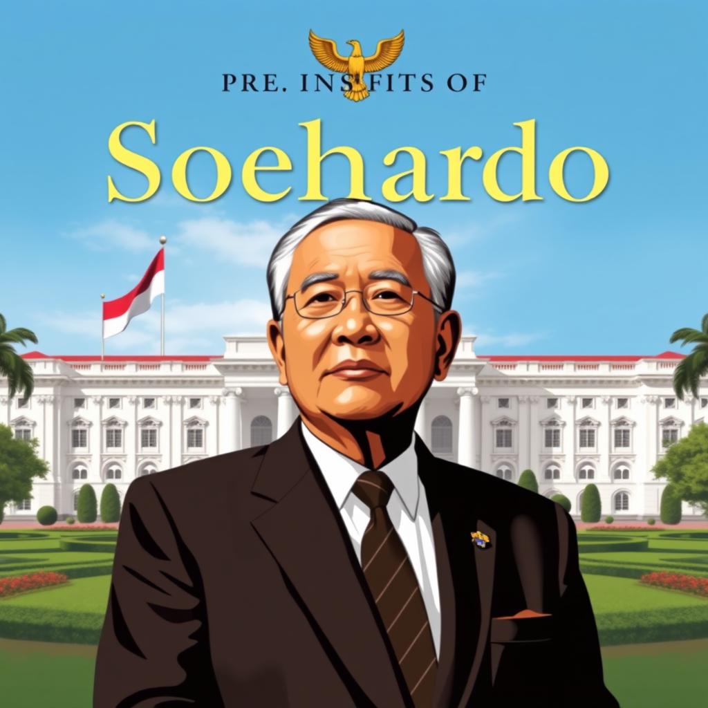 A cover for a biography of President Soeharto, featuring a stylized portrait of him in a dignified pose, wearing a formal suit