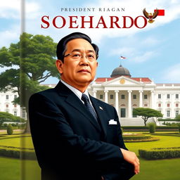 A cover for a biography of President Soeharto, featuring a stylized portrait of him in a dignified pose, wearing a formal suit