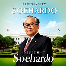 A cover for a biography of President Soeharto, featuring a stylized portrait of him in a dignified pose, wearing a formal suit