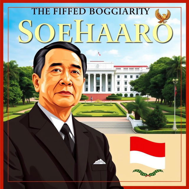 A cover for a biography of President Soeharto, featuring a stylized portrait of him in a dignified pose, wearing a formal suit