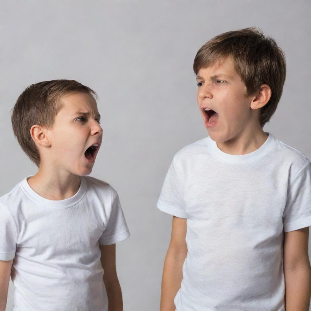 Visualize an image of two siblings in the midst of a heated argument, highlighting their facial expressions and body language