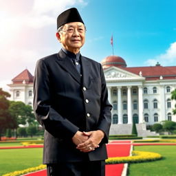 A stunning cover design featuring President Suharto, dressed in an elegant traditional Indonesian suit, standing confidently with a slight smile