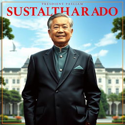 A stunning cover design featuring President Suharto, dressed in an elegant traditional Indonesian suit, standing confidently with a slight smile