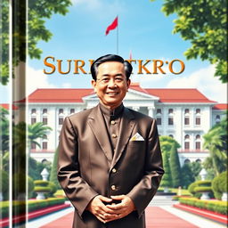 A stunning cover design featuring President Suharto, dressed in an elegant traditional Indonesian suit, standing confidently with a slight smile