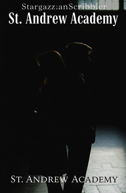 A silhouetted figure of a woman named Rowan and a man named Eamon standing back-to-back, facing away from the viewer, set in a shadowy atmosphere of an elite school or a dimly lit room