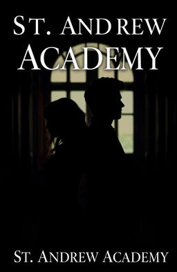 A silhouetted figure of a woman named Rowan and a man named Eamon standing back-to-back, facing away from the viewer, set in a shadowy atmosphere of an elite school or a dimly lit room