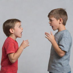 Visualize an image of two siblings in the midst of a heated argument, highlighting their facial expressions and body language