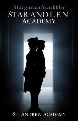 A silhouetted figure of a woman named Rowan and a man named Eamon standing back-to-back, facing away from the viewer, set in a shadowy atmosphere of an elite school or a dimly lit room