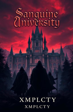 A captivating book cover design for "Sanguine University" by XMPLCTY, a fantasy novel centered around a mystical school for assassins