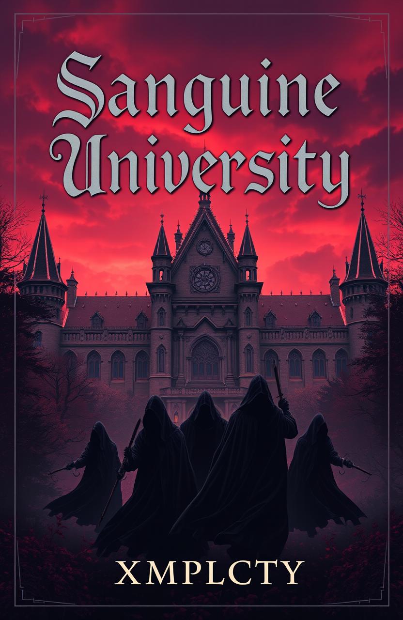 A captivating book cover design for "Sanguine University" by XMPLCTY, a fantasy novel centered around a mystical school for assassins