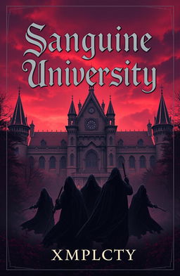 A captivating book cover design for "Sanguine University" by XMPLCTY, a fantasy novel centered around a mystical school for assassins